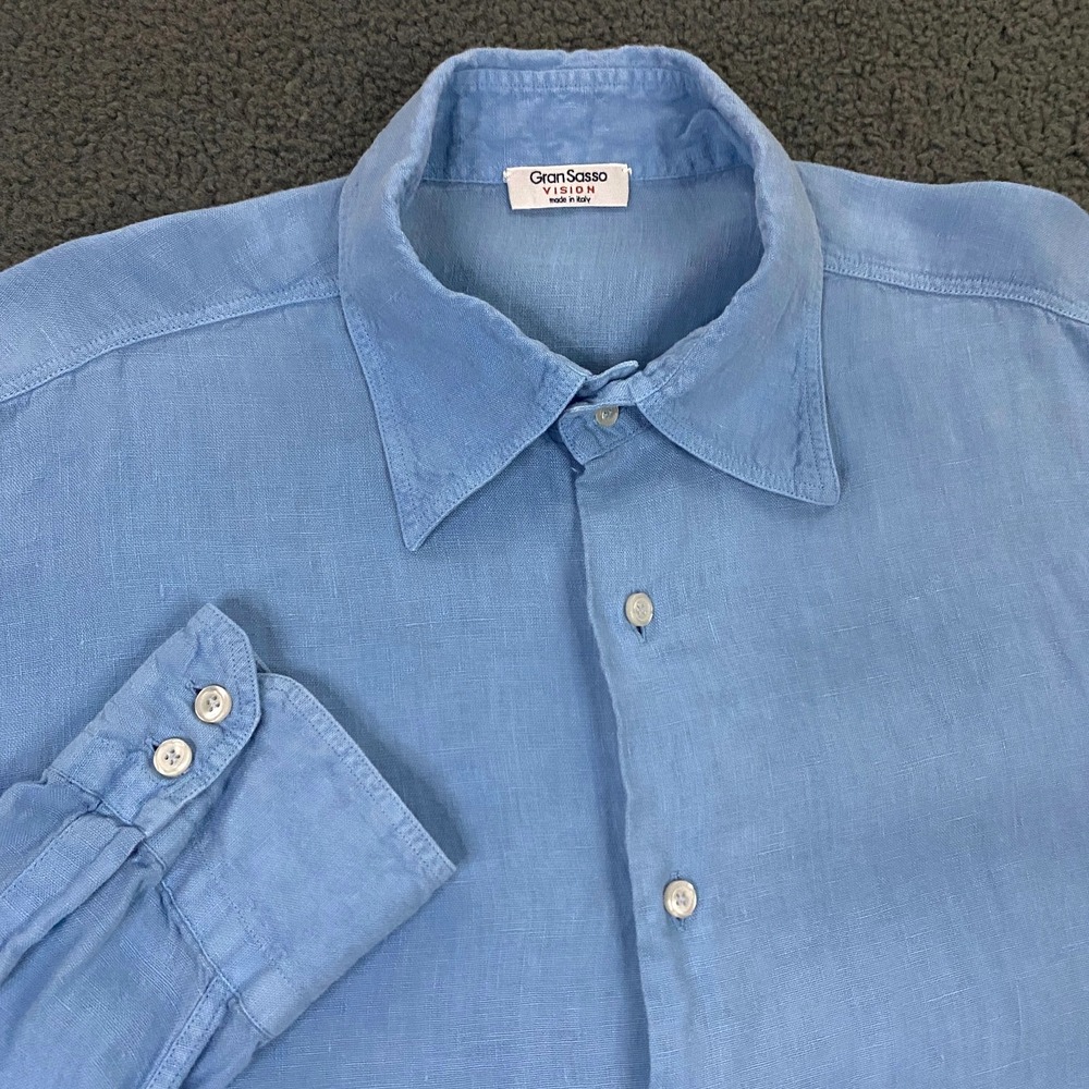 Gran Sasso Linen Shirt US size 46, XL/XXL Blue Button Up Long Sleeve Italy